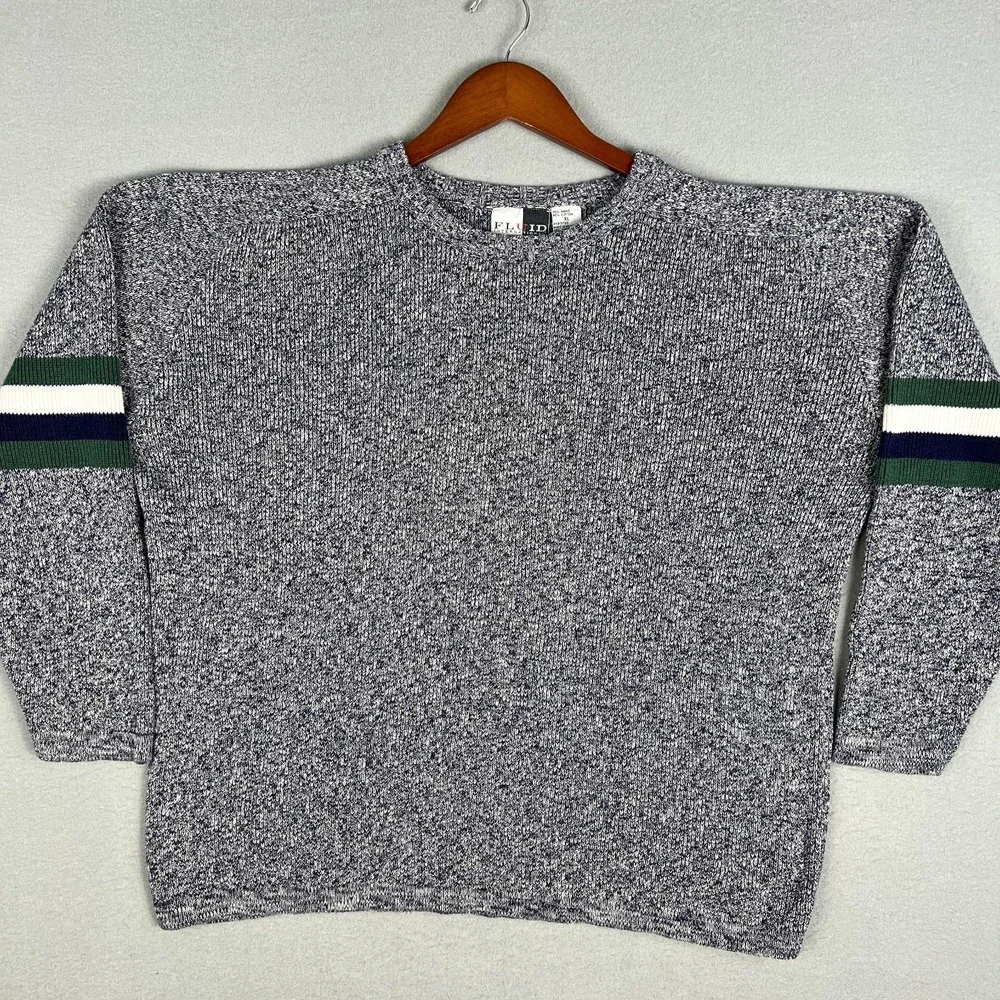 VTG Marled Gray Raglan Sweater XL Boxy Baggy Knit Striped Arms Cotton Ramie